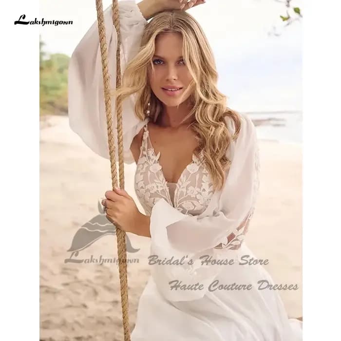 Yanshmigown-Robe de Mariée Élégante en Dentelle à Manches sulf