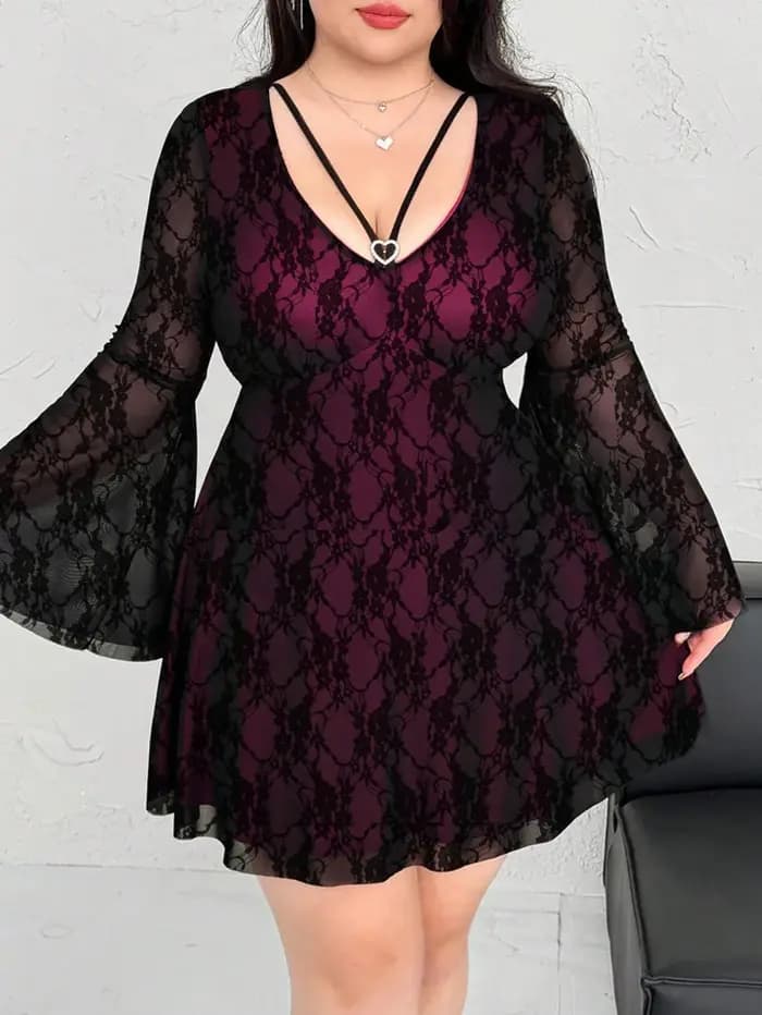Robe trapèze à manches longues et évasées pour femmes grandes tailles, en dentelle sexy, color-block