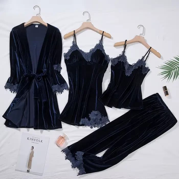 Ensemble pyjama quatre pièces en velours pour femme