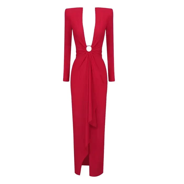 Robe longue fendue à col en V profond pour femme