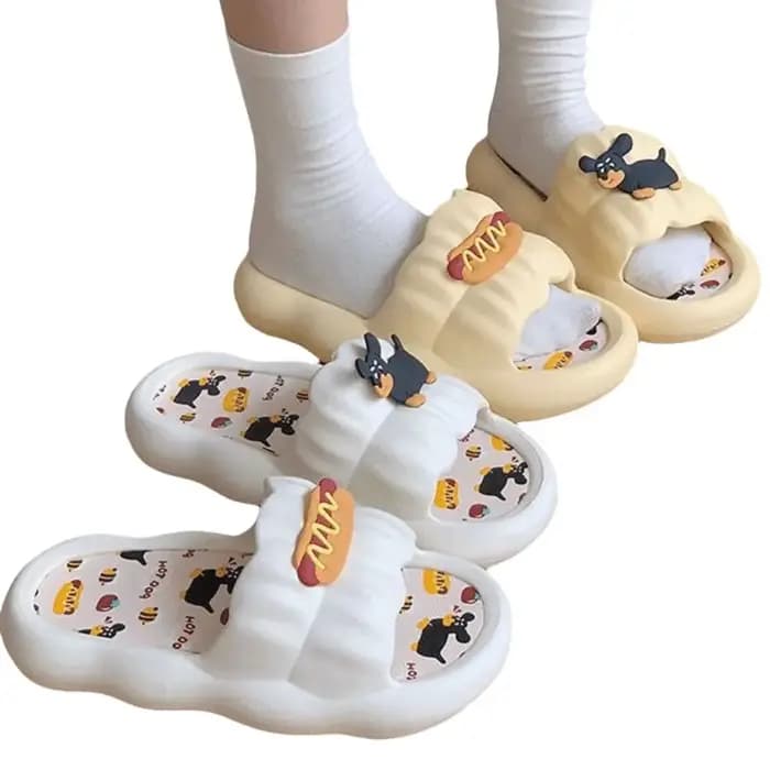 Pantoufles de bain pour femmes en forme de hot-dog de dessin animé