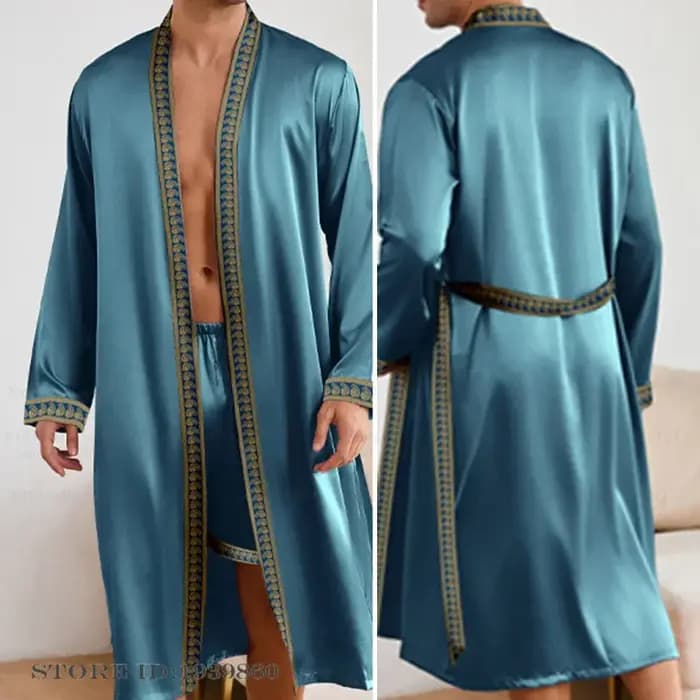 Printemps été hommes Robe longue ensemble short et haut Pyjamas soyeux Satin Kimono peignoir