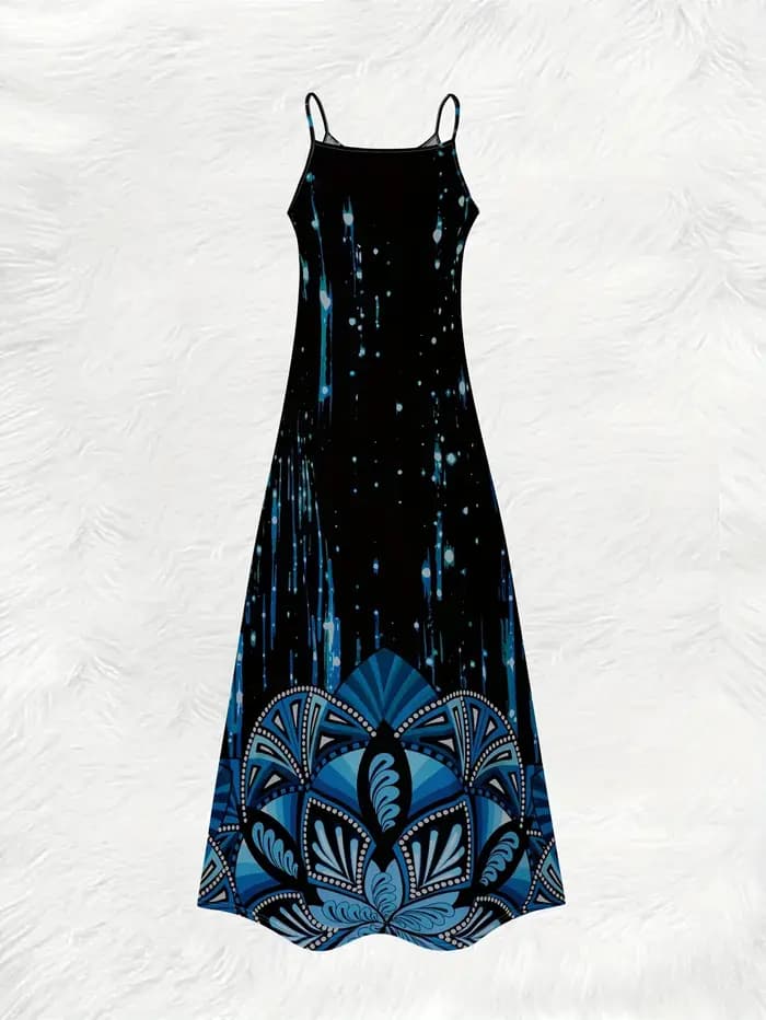 Robe décontractée à imprimé plumes bleu galaxie pour femmes