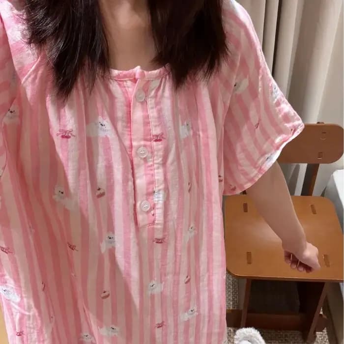 Ensemble pyjama d'été 100 % coton double gaze à manches courtes et boutons