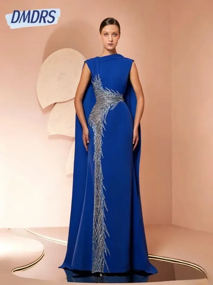 Robe de soirée en crêpe bleue avec broderie et longue écharpe découpée charmante droite perlée pailletée mère du cocktail personnalisée