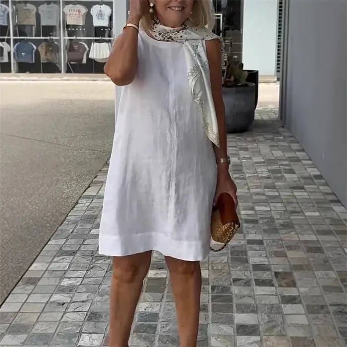 Femmes confortable coton lin couleur unie robes élégant col rond robe été décontracté banlieue taille haute sans manches
