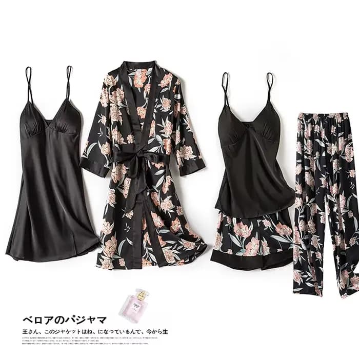 Ensemble pyjama 5 pièces en Satin soyeux pour femmes