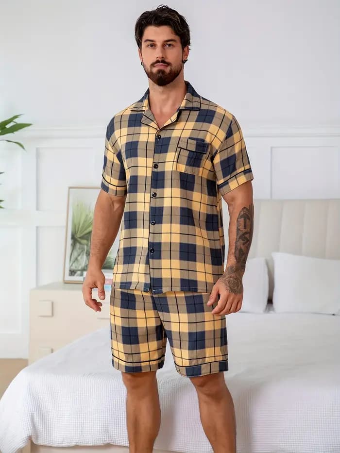 Ensemble de pyjama pour homme à manches courtes - Ensemble 2 pièces à carreaux décontracté pour l'ét