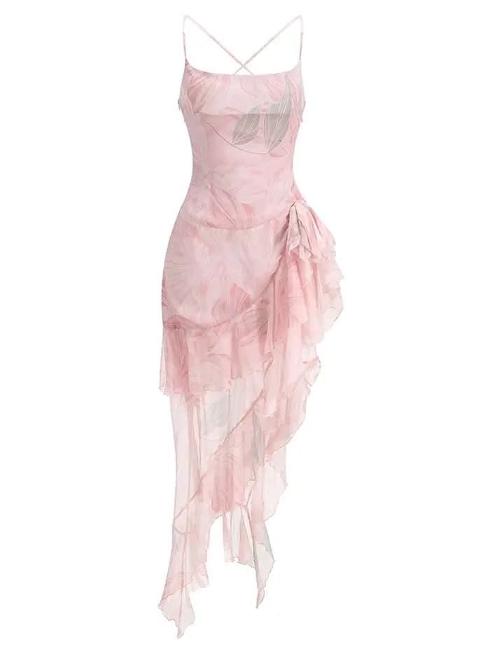 Robe longue d'été sexy à bretelles spaghetti imprimée avec volants fendus pour femme