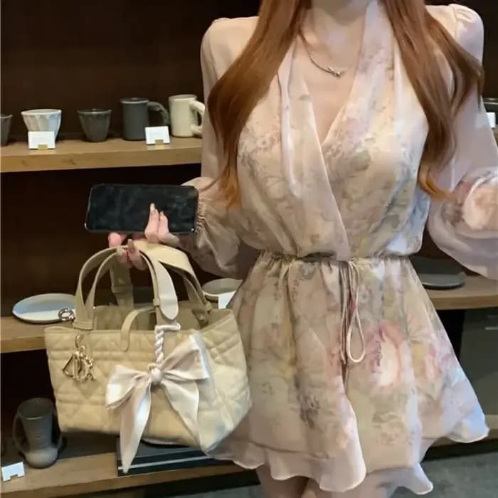 Robe florale en mousseline de soie à manches longues pour femmes