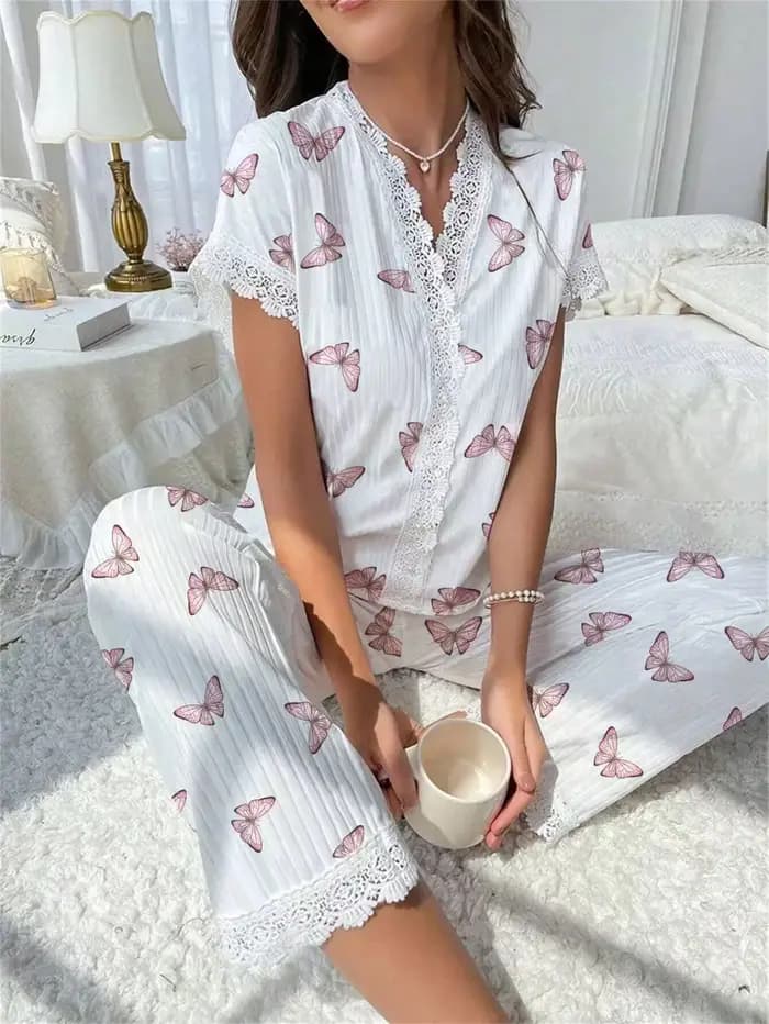 Ensemble de pyjama sexy imprimé à col en V pour femme