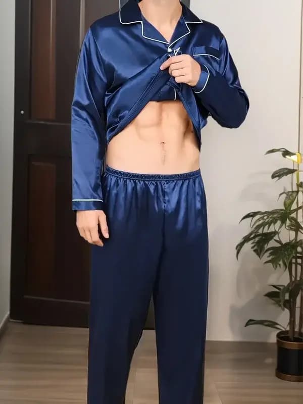 Hommes pyjama ensembles vêtements de nuit en microfibre pour dormir homme chemise Satin à manches longues