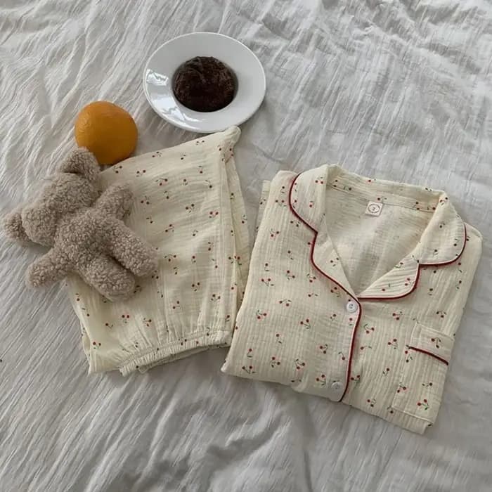 Mignon à volants cerise pyjamas femmes revers ample deux pièces vêtements de nuit chemise