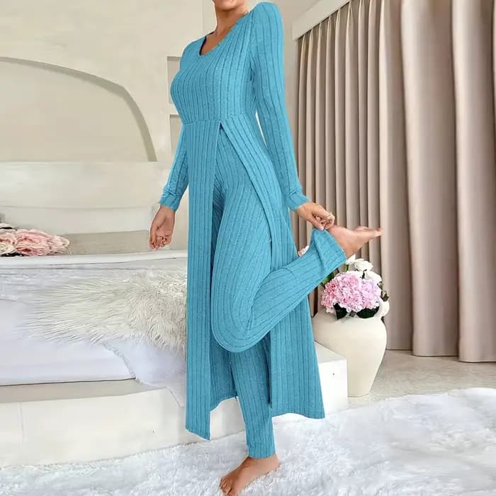 Ensemble de tenues décontractées pour femmes, vêtements de maison, couleur unie, côtelé, manches longues, col rond, ourlet fendu, haut et pantalon, ensemble 2 pièces, automne et hiver
