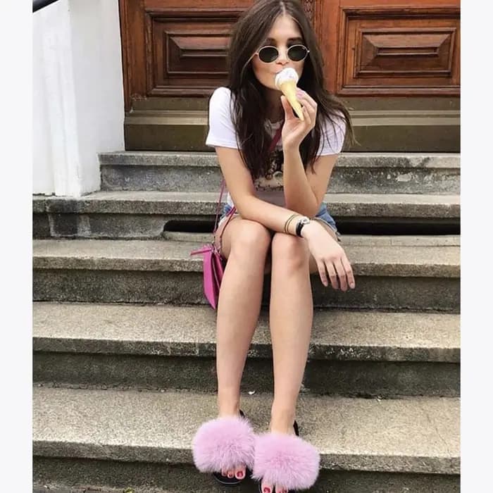 Pantoufles en fourrure de renard véritable pour femmes