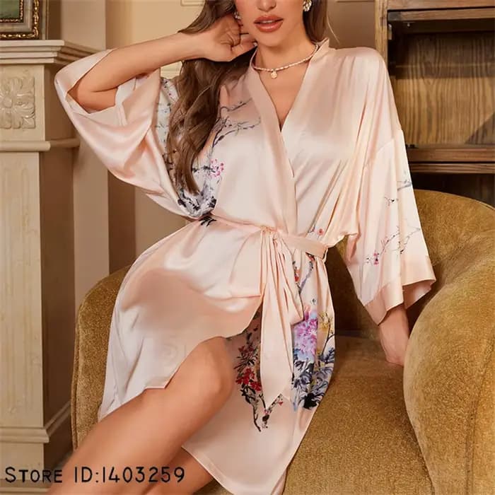 Style chinois imprimé Robe vêtements de nuit été glace soie Kimono peignoir