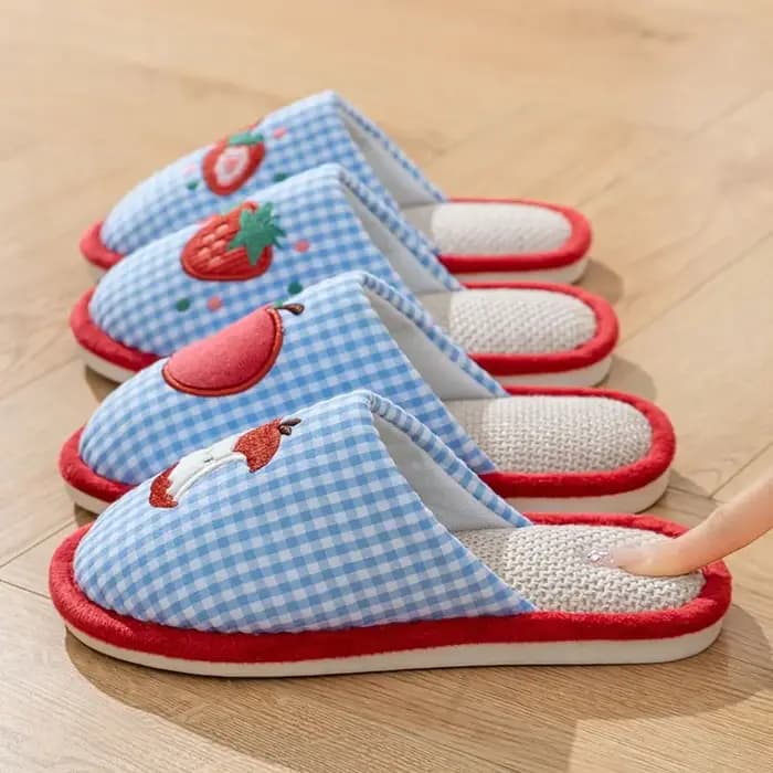 Kawaii fraise maison lin pantoufles anti-dérapant lin doux