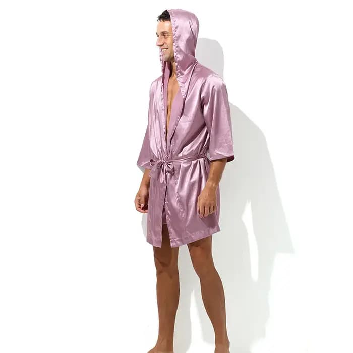 Homme Robe à capuche soie Satin Kimono vêtements de nuit demi manches peignoir