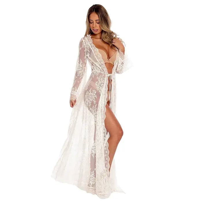 Peignoir Long en Dentelle Transparente pour Femme