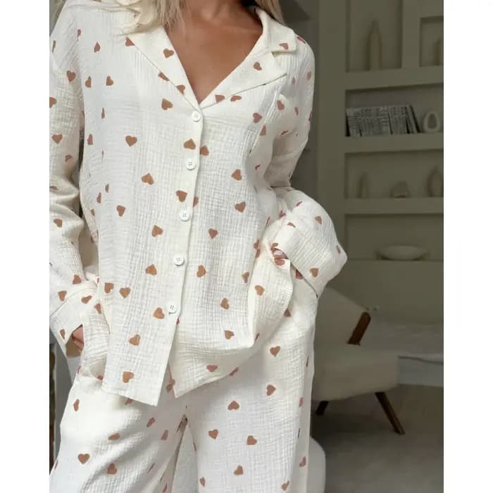 Nouveau 2026 amour coeur imprimé pyjama 100% coton à manches longues ensemble 2 pièces tenue revers vêtements de nuit