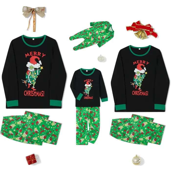 Pyjama de noël pour famille, ensemble haut + pantalon à manches longues imprimé dessin animé, vêteme
