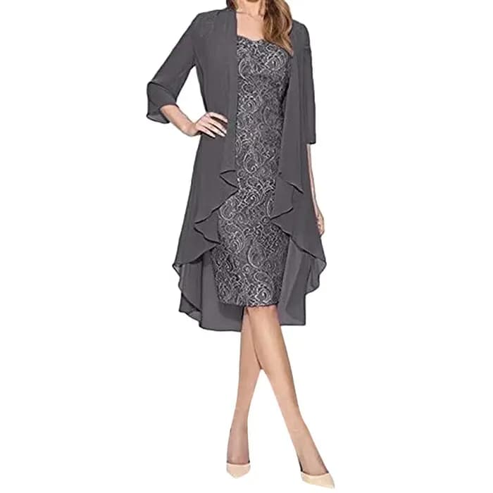 Robe mi-longue en dentelle à demi-manches pour femmes