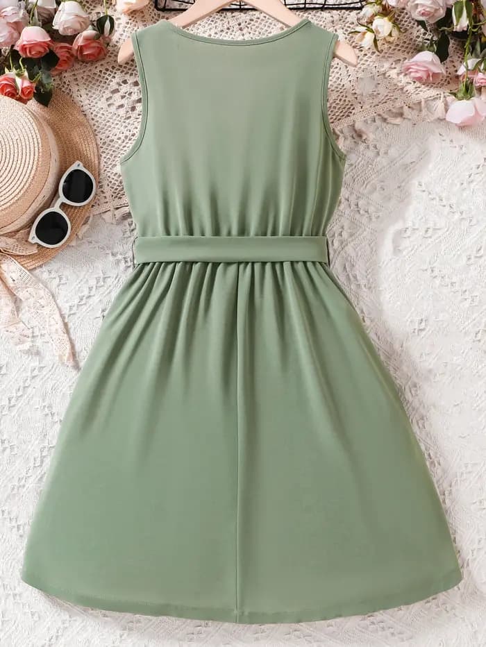 Robe vert frais pour filles - col en V à volants et ceinture