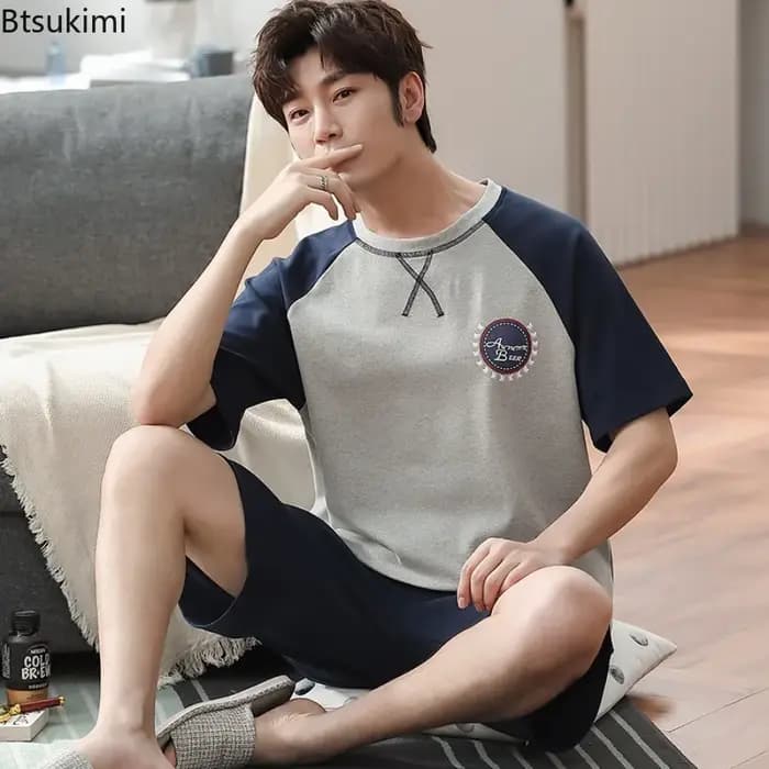 Soldes d'été : Ensemble pyjama homme en coton deux pièces – T-shirt à manches courtes et short décontracté et tendance pour la maison