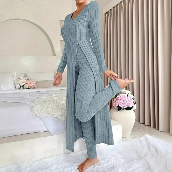 Ensemble de tenues décontractées pour femmes, vêtements de maison, couleur unie, côtelé, manches longues, col rond, ourlet fendu, haut et pantalon, ensemble 2 pièces, automne et hiver