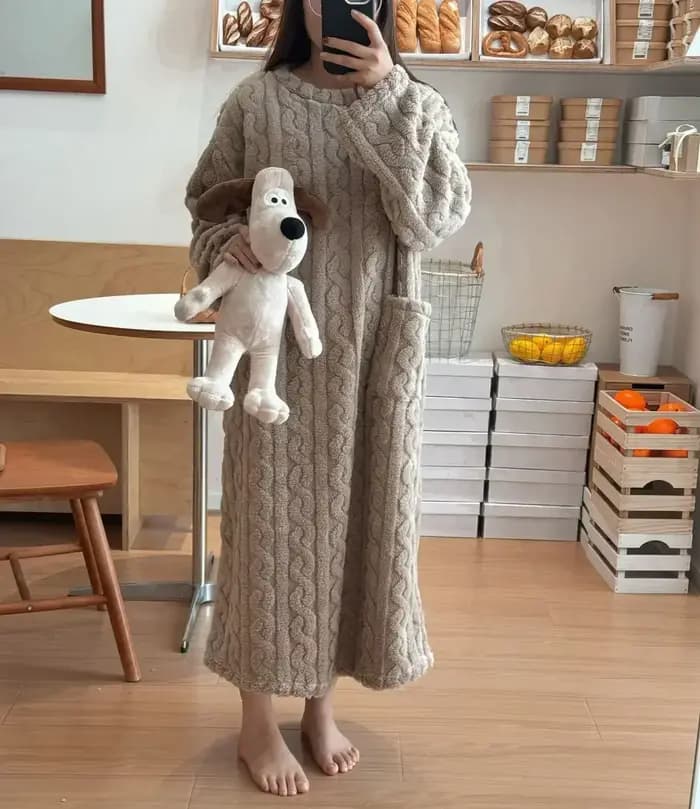 Hiver à manches longues Double poche flanelle chemises de nuit femmes ample solide vêtements