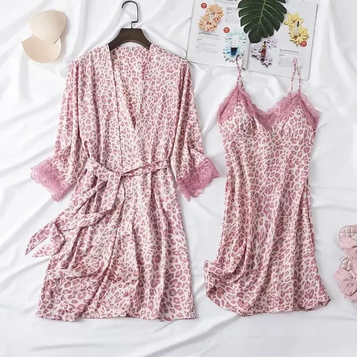 Imprimé léopard 4 pièces ensemble de sommeil Pyjamas femme ample Satin