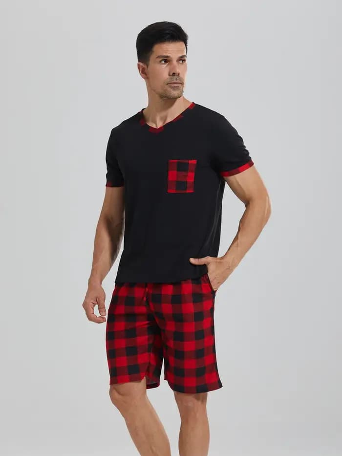 Ensembles de pyjama pour hommes pyjamas à carreaux à manches courtes