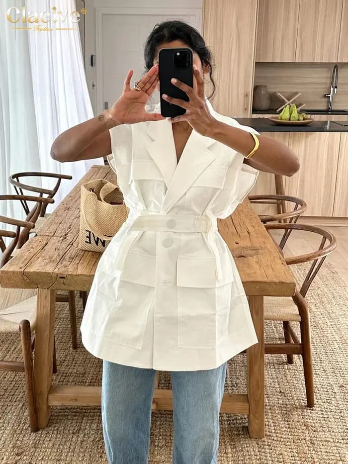 Clacive mode ample blanc coton femmes chemise 2024 élégant revers sans manches chemises décontracté
