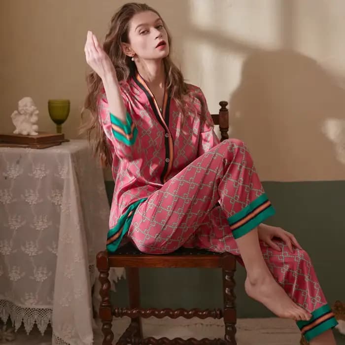 Lisacmvpnel 2022 printemps nouveau Style à manches longues femmes pyjamas ensemble glace soie imprimé mode