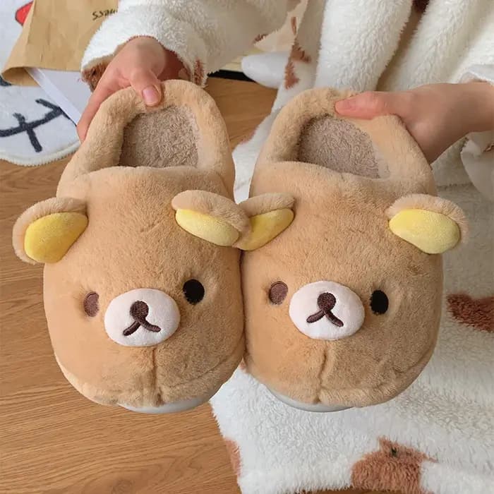 Kawaii Bear Rilakkuma pantoufles en coton mignon plat bout fermé Mules pour hommes et femmes hiver d