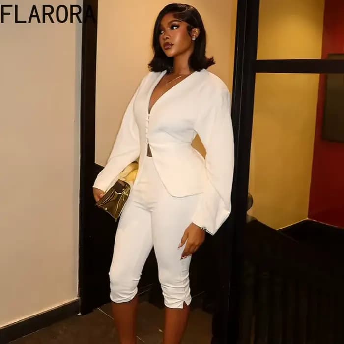 FLARORA élégant mode 2 pièces ensembles femme couleur unie col en v à manches longues Blazer et Capri pantalon bureau dame correspondant vêtements