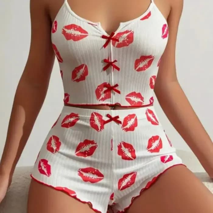 Ensemble de pyjama pour femme, imprimé cœurs, en tissu côtelé doux avec bordure à volants coquins, d
