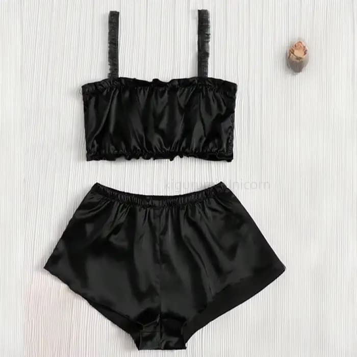 Ensemble pyjama en Satin plissé de couleur noire, comprenant des shorts et des pantalons longs en so