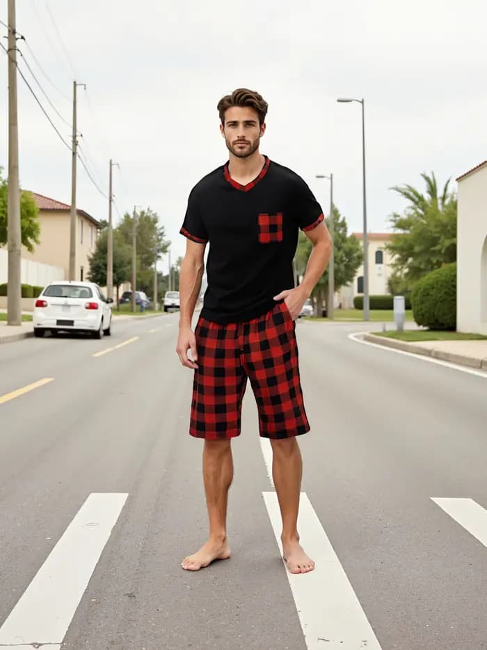 Ensembles de pyjama pour hommes pyjamas à carreaux à manches courtes