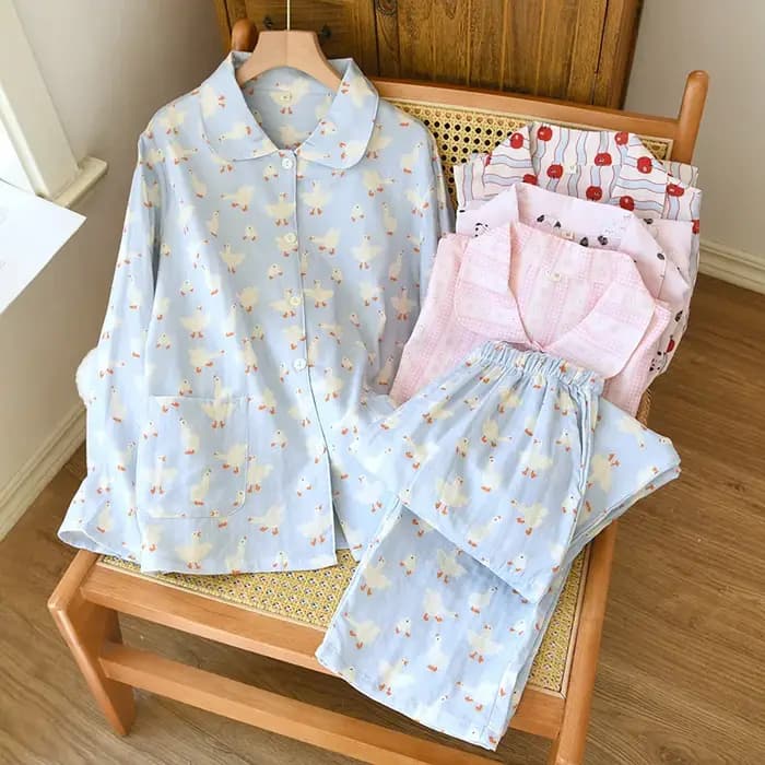 2025 femmes printemps nouveau pyjama ensemble 100% coton crêpe col doux à manches longues deux pièces vêtements de