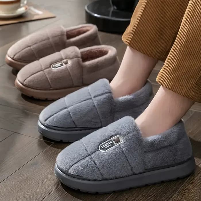 Chaussons pour hommes hiver couleur unie talons enveloppants pantoufles en peluche antidérapant chaud femmes