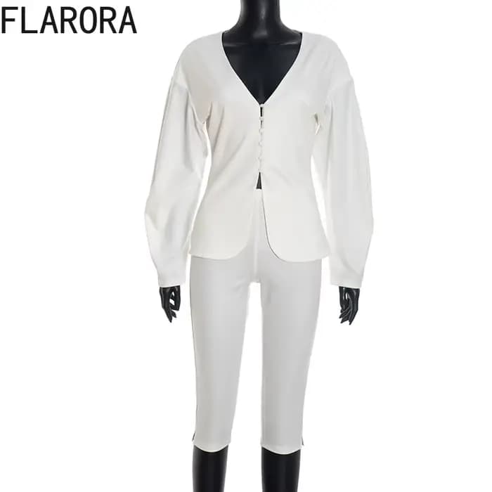 FLARORA élégant mode 2 pièces ensembles femme couleur unie col en v à manches longues Blazer et Capri pantalon bureau dame correspondant vêtements