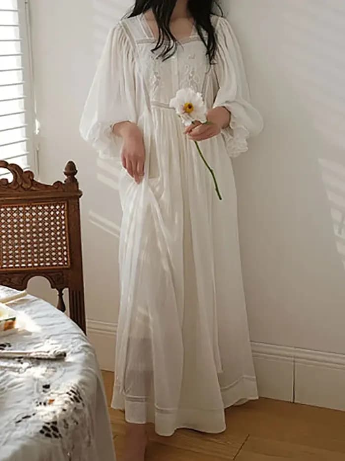 Femmes pur coton volants Vintage chemises de nuit Robe nuisette longue