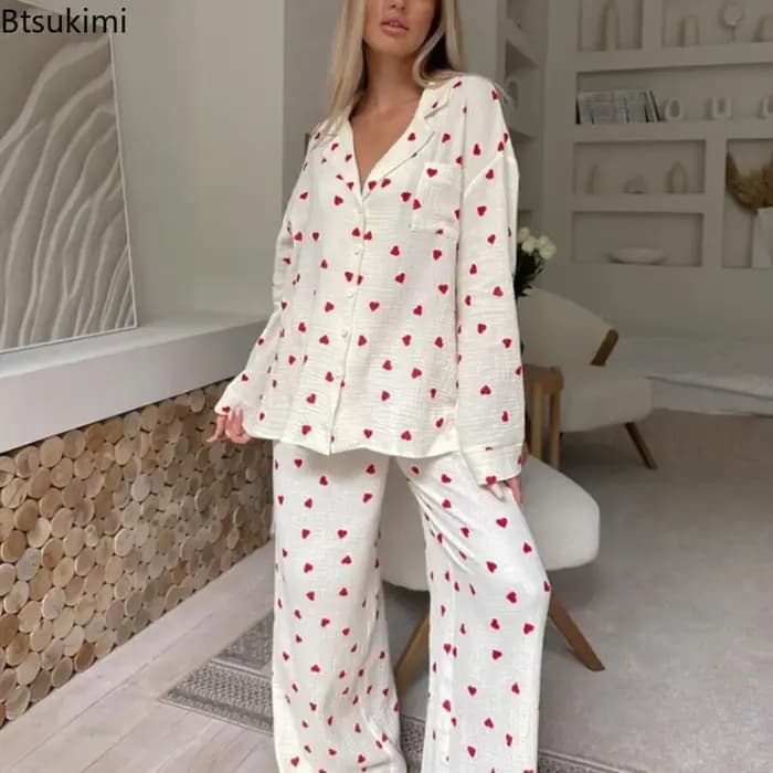 Nouveau 2026 amour coeur imprimé pyjama 100% coton à manches longues ensemble 2 pièces tenue revers vêtements de nuit