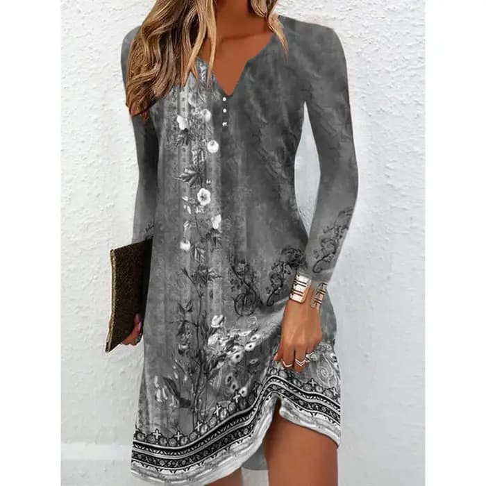 Robe tunique à imprimé floral manches longues col en V coupe régulière en polyester pour femme confort printemps été