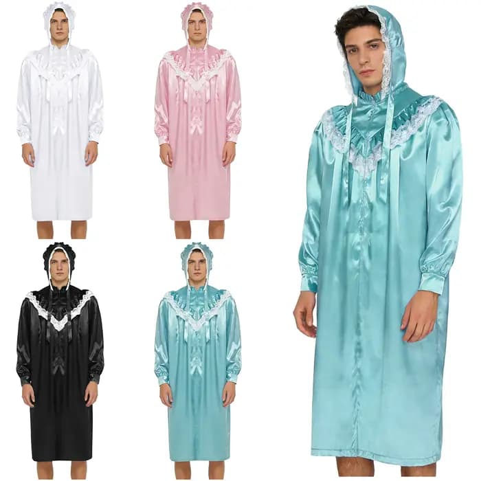 Chemise de nuit victorienne satinée pour homme avec bonnet, ensemble pyjama vintage à manches longues et fermeture éclair sur le devant pour soirée pyjama