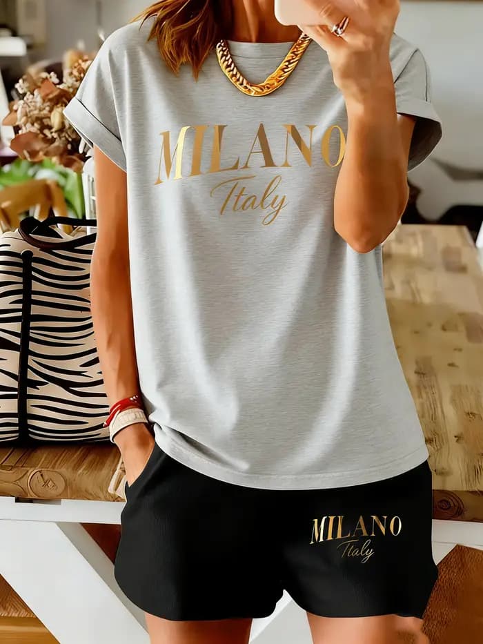 Ensemble femme Milan à imprimé lettres - Manches courtes et short - Tendance mode féminine décontractée et confortable