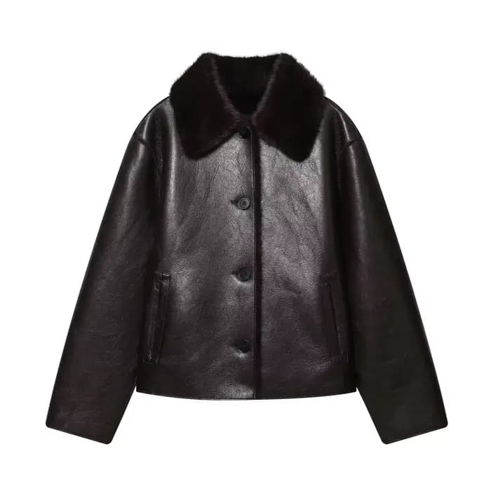 Veste femme 2025 automne/hiver nouveautés marron foncé à manches longues en simili cuir