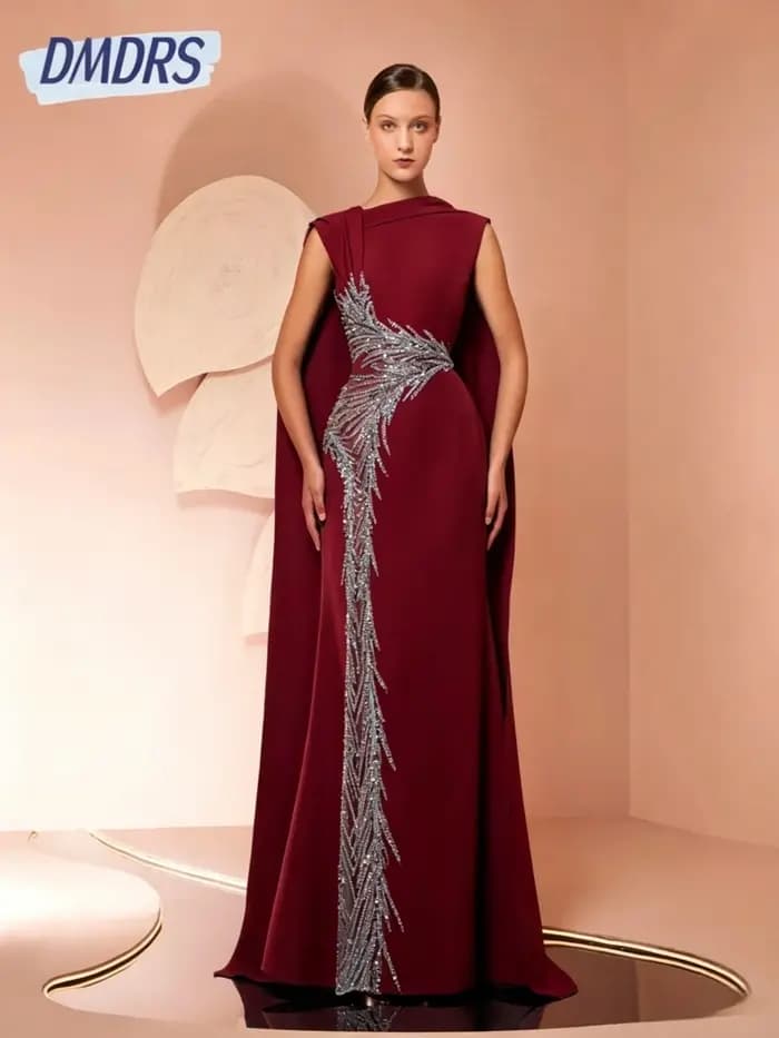 Robe de soirée en crêpe bleue avec broderie et longue écharpe découpée charmante droite perlée pailletée mère du cocktail personnalisée