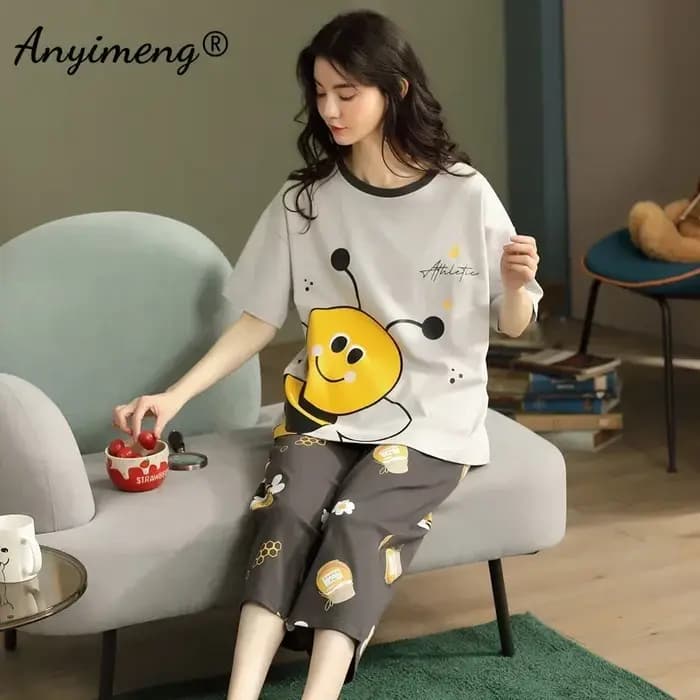 Capris-Pyjama d'été en coton pour femme, short, kawaii, lune, girafe, nuages, impression, joli vêtem